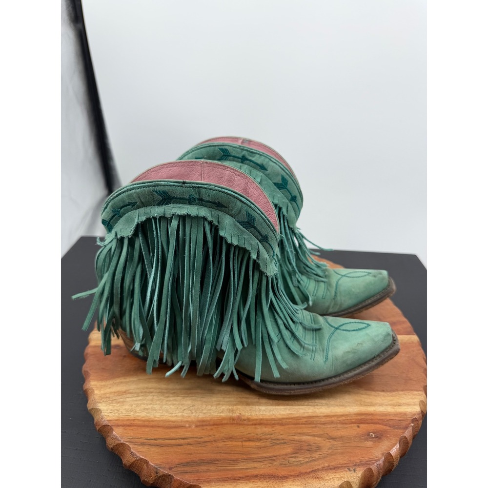 Junk Gypsy Spirit Animal Fringe Boots Womens 7 Green Suede Western Ankle Booties